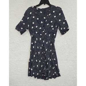 Wednesday's Girl Short Sleeve A-line Dress Navy Button-Up Polka Dot Spotted Sz M